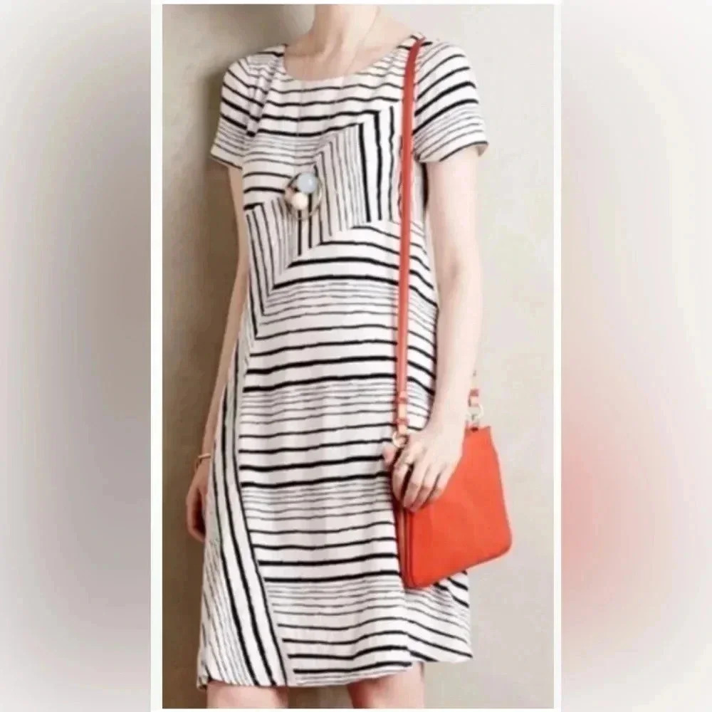 Woman MAEVE ANTHROPOLOGIE Black White Striped S/s Dress Sz XSMALL XS EUC